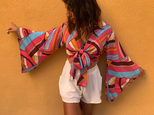 Top cache cœur en soie pour femme, manche chauve sourie, toute saison, hippie, chic, fait a la main, bell sleeve top silk, summer top