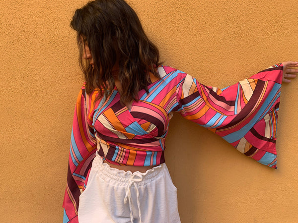 Top cache cœur en soie pour femme, manche chauve sourie, toute saison, hippie, chic, fait a la main, bell sleeve top silk, summer top