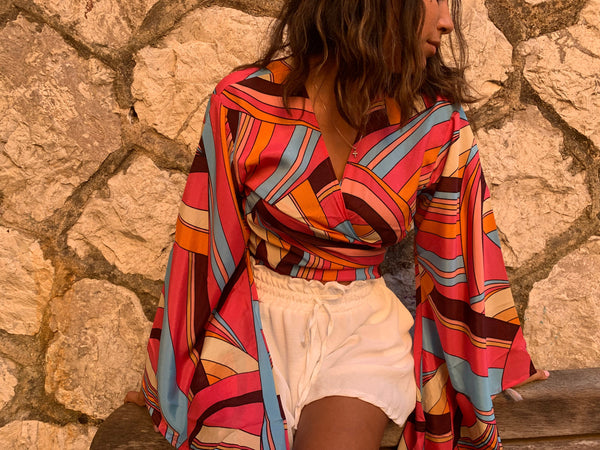 Top cache cœur en soie pour femme, manche chauve sourie, toute saison, hippie, chic, fait a la main, bell sleeve top silk, summer top