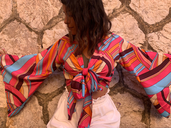 Top cache cœur en soie pour femme, manche chauve sourie, toute saison, hippie, chic, fait a la main, bell sleeve top silk, summer top