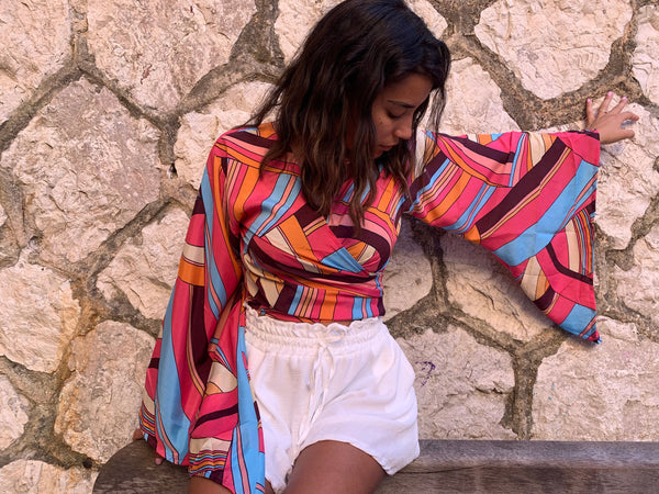 Top cache cœur en soie pour femme, manche chauve sourie, toute saison, hippie, chic, fait a la main, bell sleeve top silk, summer top